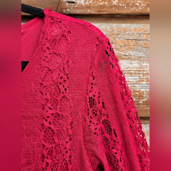 Indigo Soul Burgundy Wine Lace Sequin Flowy Tiered Layered Ruffle Longsleeve Top - Picture 6 of 14